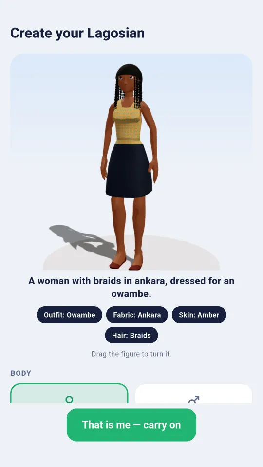 The Lagos Life character creator showing a woman with braids in an Ankara owambe outfit