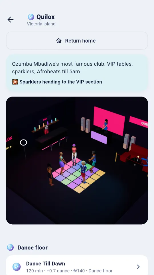 Lagosians dancing on the lit dance floor at Quilox in Victoria Island