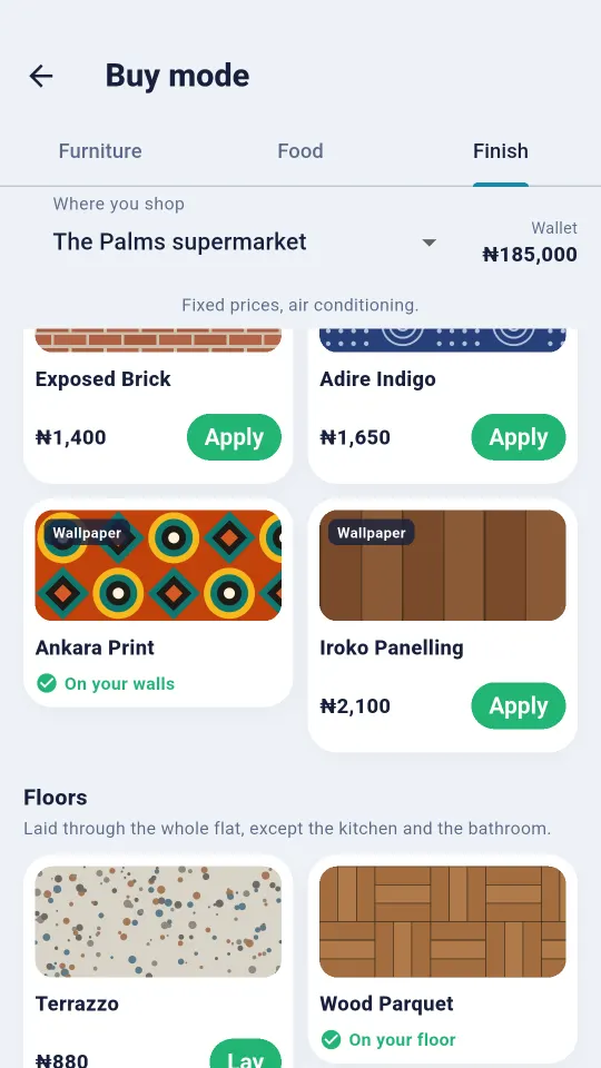 Naija Life buy mode with Ankara print and Adire indigo wallpapers and terrazzo floors